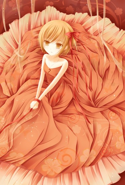 Anime picture 2892x4274 with yy (artist) single tall image highres short hair open mouth blonde hair sitting bare shoulders brown eyes loli girl ribbon (ribbons) hair ribbon