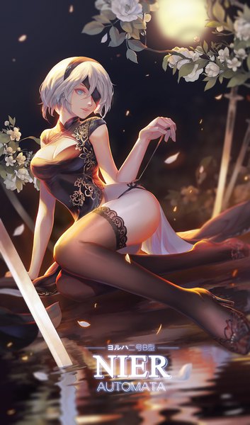 Anime picture 1000x1696 with nier nier:automata yorha no. 2 type b d-zhai single tall image looking at viewer fringe short hair breasts blue eyes light erotic hair between eyes sky cleavage silver hair traditional clothes parted lips fingernails night