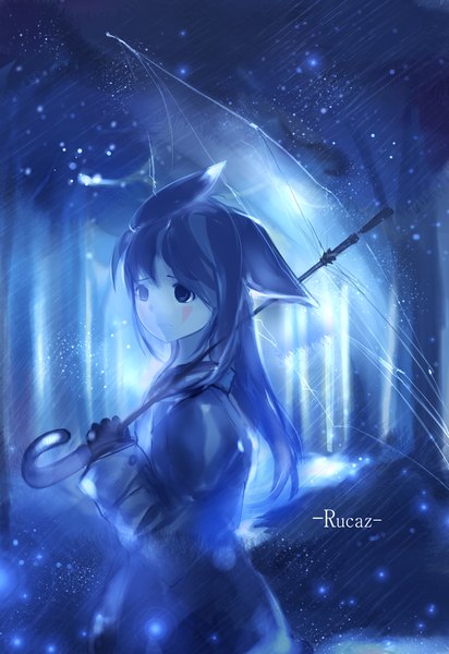 Anime picture 2031x2952 with original rucaz (wata okami) single long hair tall image fringe highres black hair simple background holding animal ears looking away tail animal tail fox ears facial mark fox tail fox girl blue background rain