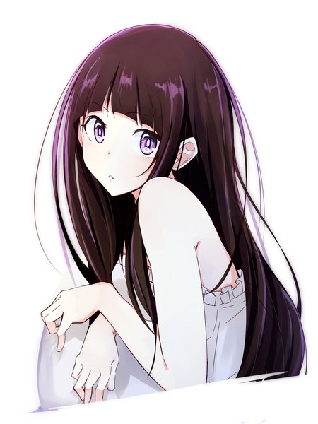 Anime picture 1200x1600 with hyouka kyoto animation chitanda eru kazenoko single long hair tall image looking at viewer blush fringe black hair simple background white background purple eyes bare shoulders payot blunt bangs parted lips head tilt :o