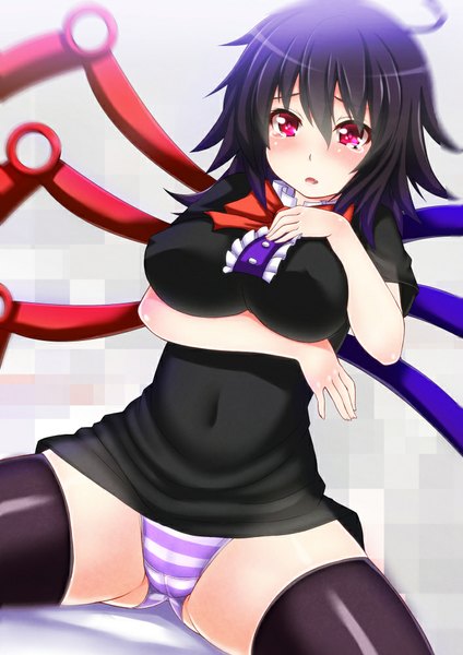 Anime picture 707x1000 with touhou houjuu nue ebi 193 single tall image looking at viewer blush short hair breasts open mouth light erotic black hair large breasts pink eyes spread legs embarrassed erect nipples tears covered nipples cameltoe