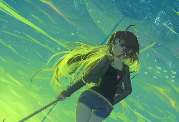 Anime picture 1600x1097 with original qian ye (qys3) qys3 single long hair blue eyes brown hair holding signed looking away sky ahoge wind open clothes open jacket facial mark fantasy revision girl weapon