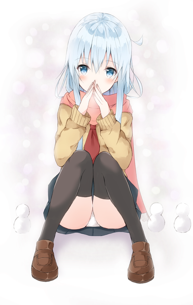 Anime picture 1424x2241 with kantai collection hibiki destroyer yuzuzukushi single tall image looking at viewer blush fringe blue eyes light erotic hair between eyes sitting payot silver hair head tilt pleated skirt fingernails blurry pantyshot winter