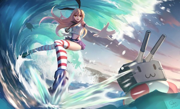 Anime picture 2000x1215 with kantai collection shimakaze destroyer rensouhou-chan shon long hair looking at viewer highres open mouth blonde hair wide image brown eyes pleated skirt :3 surfing girl thighhighs skirt gloves hair ornament underwear