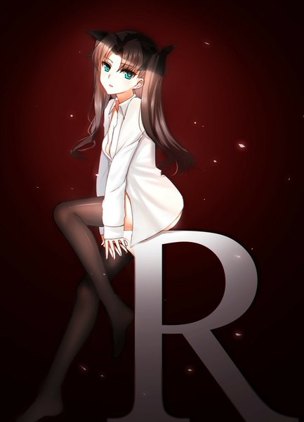 Anime picture 721x999 with fate (series) fate/stay night type-moon toosaka rin mallizmora single long hair tall image light erotic brown hair twintails green eyes bent knee (knees) parted lips aqua eyes open shirt red background sad girl thighhighs