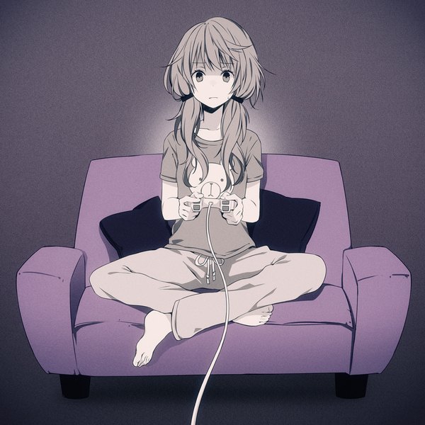 Anime picture 1000x1000 with vocaloid yuzuki yukari wogura single long hair fringe sitting twintails holding barefoot alternate costume crossed legs low twintails indian style scared girls playing games girl pillow couch t-shirt