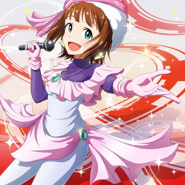 Anime picture 1000x1000 with idolmaster amami haruka kouchou single short hair open mouth smile brown hair green eyes :d alternate costume girl gloves earrings microphone brooch