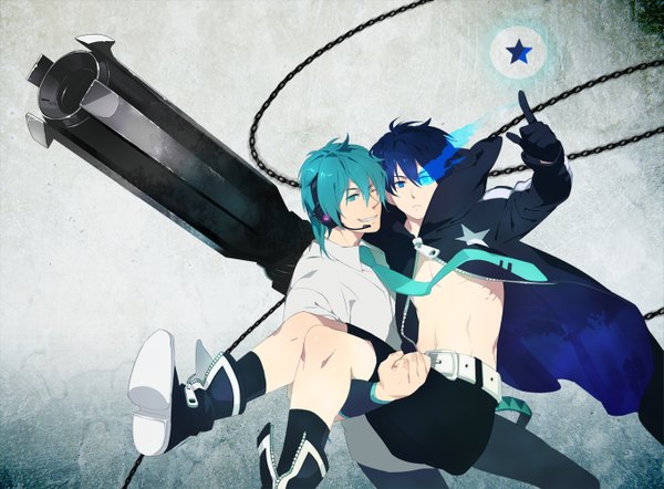 Anime picture 1357x1000 with black rock shooter vocaloid black rock shooter (character) hatsune mikuo yin2000 short hair black hair smile one eye closed aqua eyes wink aqua hair glowing glowing eye (eyes) pointing crossover genderswap carrying princess carry boy