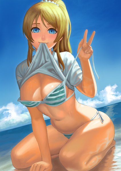 Anime picture 1488x2105 with love live! school idol project sunrise (studio) love live! ayase eli lasterk single long hair tall image blush breasts blue eyes light erotic blonde hair holding sky cloud (clouds) ponytail beach mouth hold victory
