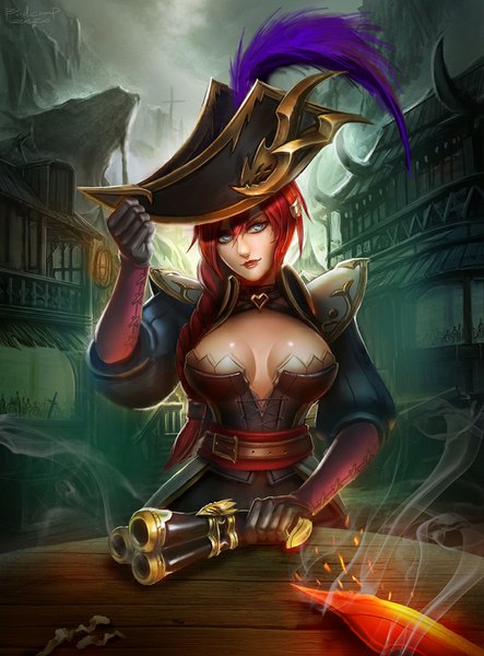 Anime picture 799x1080 with league of legends miss fortune (league of legends) badcompzero single long hair tall image looking at viewer fringe breasts blue eyes light erotic red hair lips pirate girl weapon hat gun pistol pirate hat