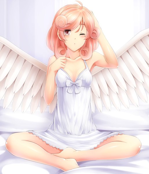 Anime picture 900x1050 with yu-gi-oh! injection fairy lily komimiyako single tall image looking at viewer short hair sitting bare shoulders pink hair one eye closed pink eyes wink indian style girl dress wings sundress