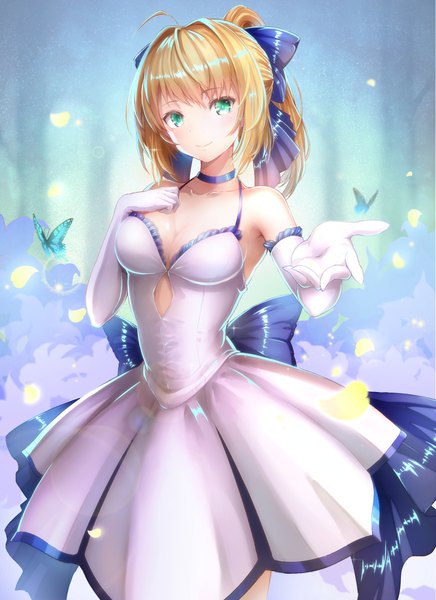 Anime picture 844x1160 with fate (series) fate/stay night artoria pendragon (all) saber omoti (1201208) single long hair tall image looking at viewer blush fringe breasts blonde hair smile bare shoulders green eyes cleavage ahoge ponytail head tilt