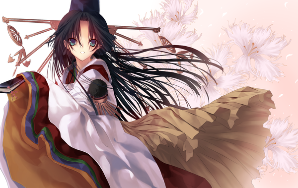 Anime picture 2000x1265 with original zen99 single long hair highres black hair green eyes traditional clothes japanese clothes girl hair ornament flower (flowers) hat fan