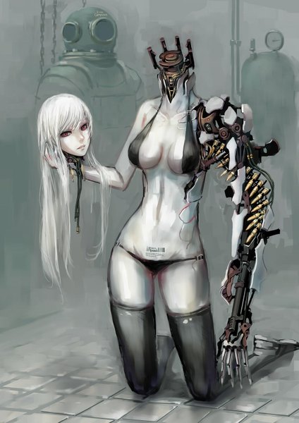 Anime picture 1107x1565 with original jittsu single long hair tall image looking at viewer fringe light erotic red eyes white hair indoors parted lips kneeling smoke pale skin mecha musume mechanical arms albino arm cannon headless