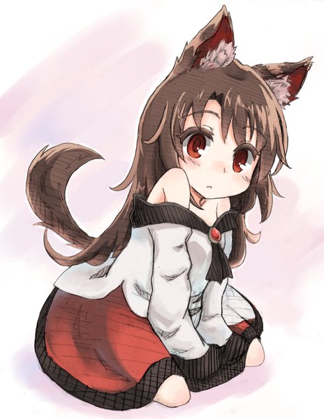 Anime picture 1625x2100 with touhou imaizumi kagerou kibisake single long hair tall image looking at viewer blush fringe simple background hair between eyes brown hair sitting bare shoulders animal ears tail parted lips head tilt animal tail from above