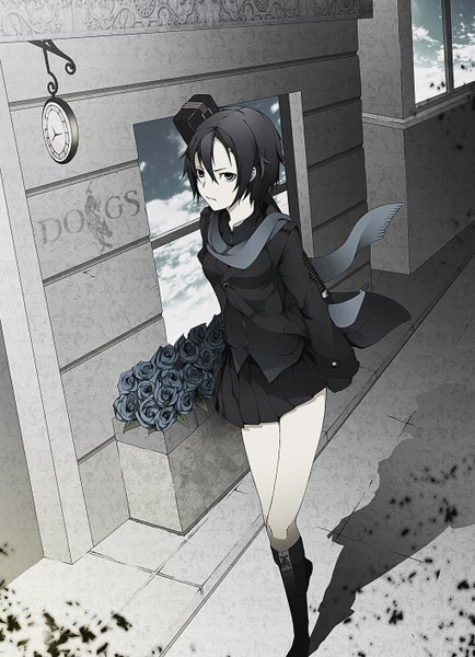 Anime picture 1020x1408 with dogs: bullets & carnage david production fuyumine naoto kyoeiki single tall image short hair blue eyes black hair shadow walking girl skirt flower (flowers) miniskirt boots window scarf black rose
