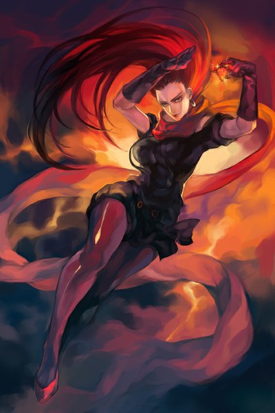 Anime picture 567x850 with jojo no kimyou na bouken lisa lisa oburaato single long hair tall image looking at viewer blue eyes red hair salute girl dress gloves earrings pantyhose black gloves elbow gloves scarf black dress crystal