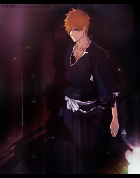 Anime picture 797x1012 with bleach studio pierrot kurosaki ichigo minatosama207 single tall image short hair red eyes traditional clothes japanese clothes orange hair coloring torn clothes boy belt kimono