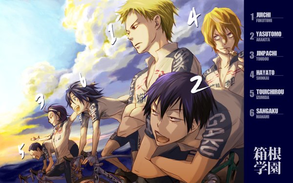 Anime picture 1200x750 with yowamushi pedal toudou jinpachi sangaku manami arakita yasutomo shinkai hayato fukutomi juichi izumida touichirou fringe short hair blonde hair holding blue hair purple hair eyes closed multiple boys teeth leaning mouth hold happy spread arms