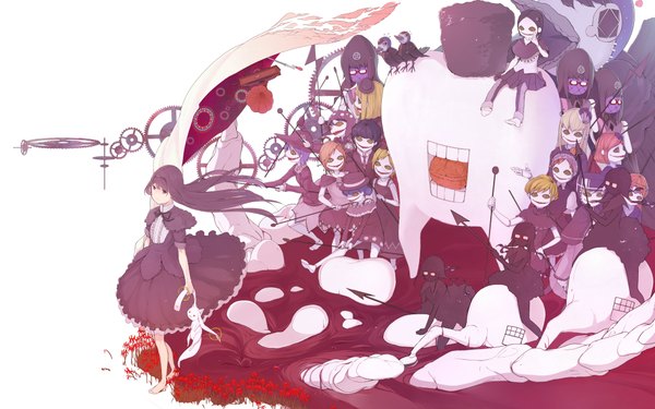 Anime picture 4135x2591 with mahou shoujo madoka magica shaft (studio) akemi homura kyuubee homulilly clara dolls (madoka magica) liese (madoka magica) lilia (madoka magica) lotte (madoka magica) luiselotte (madoka magica) kokoro6636 long hair fringe highres black hair simple background blonde hair brown hair white background sitting