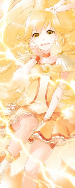 Anime picture 400x1000 with precure smile precure! toei animation kise yayoi cure peace aile (crossroads) single long hair tall image looking at viewer fringe open mouth blonde hair yellow eyes ponytail magical girl girl dress earrings choker