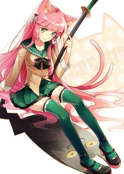 Anime picture 700x985 with original ichijou kokona siting zeng single tall image looking at viewer fringe smile sitting green eyes animal ears pink hair tail very long hair animal tail from above cat ears cat girl cat tail multiple tails