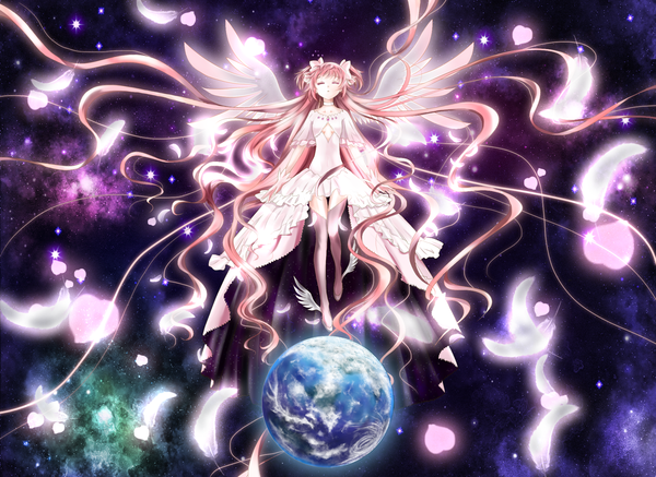 Anime picture 1920x1400 with mahou shoujo madoka magica shaft (studio) kaname madoka goddess madoka purlchite single highres eyes closed very long hair flying white wings purple background weightlessness multicolored girl dress hair ornament petals wings heart