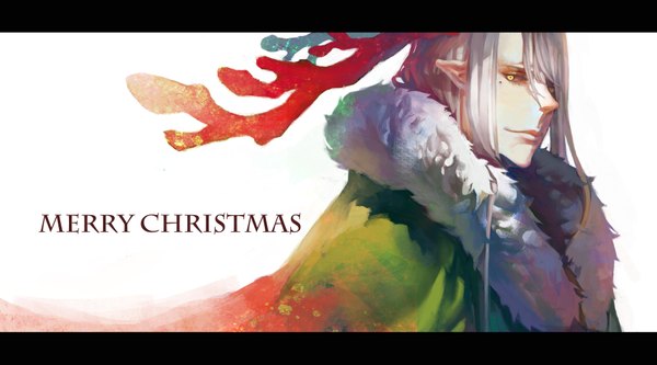 Anime picture 4000x2225 with original shouka single long hair fringe highres wide image white background yellow eyes absurdres horn (horns) pointy ears grey hair hair over one eye inscription christmas letterboxed new year merry christmas boy