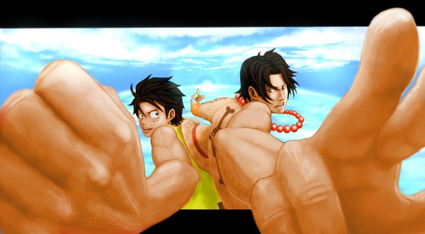 Anime picture 2000x1100 with one piece toei animation monkey d. luffy portgas d. ace meta gun (artist) highres short hair black hair wide image tattoo grin back to back boy hat straw hat fist