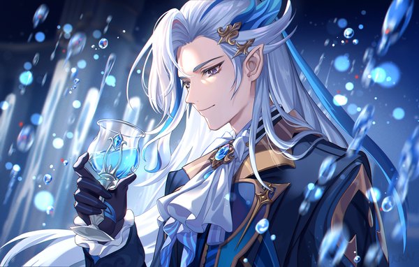 Anime picture 4403x2800 with genshin impact neuvillette (genshin impact) lalazyt single long hair highres purple eyes looking away absurdres silver hair upper body light smile pointy ears boy gloves hair ornament black gloves water neckerchief wine glass
