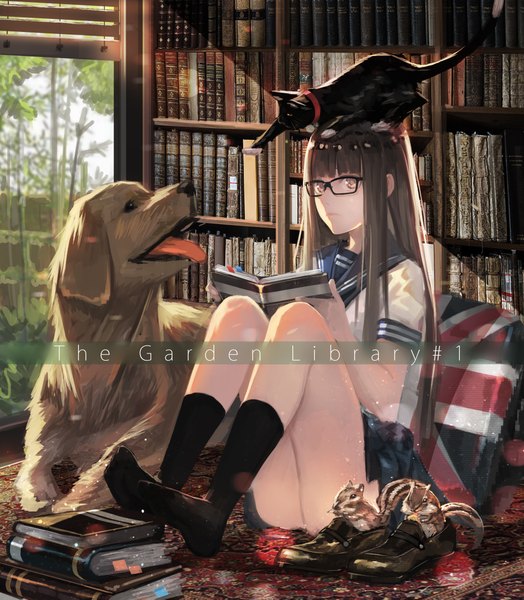 Anime picture 2000x2291 with original jellycarrot single long hair tall image looking at viewer fringe highres brown hair sitting full body bent knee (knees) indoors blunt bangs no shoes text english sitting on person animal on head cat on head