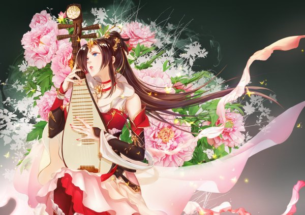 Anime picture 3508x2480 with original huazha01 single long hair highres blue eyes brown hair sitting bare shoulders holding looking away absurdres bent knee (knees) ponytail traditional clothes parted lips lipstick red lipstick floral background playing instrument