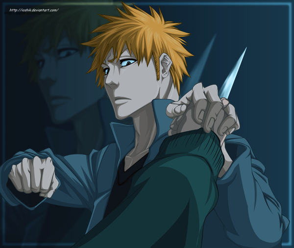 Anime picture 1200x1012 with bleach studio pierrot kurosaki ichigo ioshik looking at viewer short hair simple background signed upper body orange hair open jacket coloring solo focus blue background framed zoom layer pov boy weapon jacket