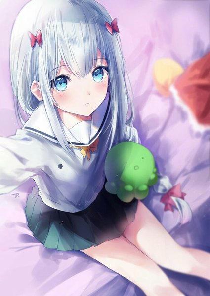 Anime picture 776x1095 with eromanga sensei a-1 pictures izumi sagiri tr (hareru) long hair tall image looking at viewer blush fringe blue eyes hair between eyes sitting signed payot silver hair braid (braids) pleated skirt from above outstretched arm single braid