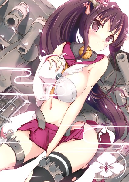 Anime picture 800x1129 with kantai collection yamato super battleship odero single long hair tall image looking at viewer blush breasts light erotic brown hair large breasts brown eyes ponytail torn clothes covering girl thighhighs navel weapon