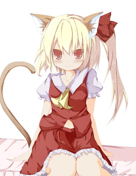 Anime picture 1788x2310 with touhou flandre scarlet single tall image blush highres short hair blonde hair red eyes white background animal ears cat ears cat girl cat tail girl dress skirt skirt set