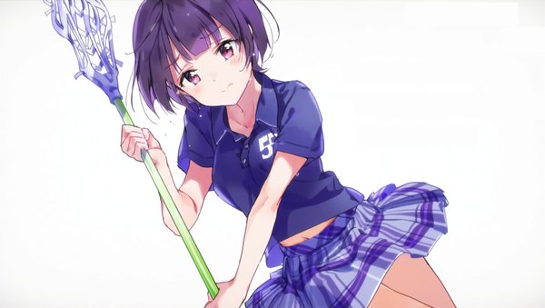 Anime picture 2126x1202 with eromanga sensei a-1 pictures senju muramasa tiv single looking at viewer blush fringe highres short hair simple background wide image white background purple eyes holding purple hair blunt bangs bare belly shadow plaid skirt