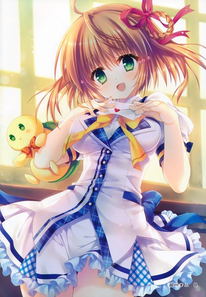 Anime picture 2100x3018 with karumaruka circle otone nikoru tatekawa mako single tall image looking at viewer blush highres short hair open mouth brown hair green eyes sunlight scan girl dress ribbon (ribbons) hair ribbon window envelope