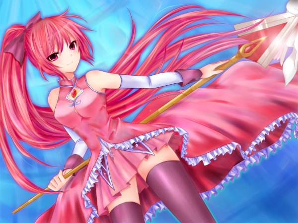Anime picture 2400x1800 with mahou shoujo madoka magica shaft (studio) sakura kyouko single long hair highres smile bare shoulders pink hair ponytail pink eyes girl thighhighs detached sleeves spear