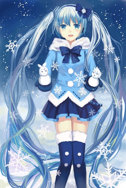 Anime picture 1028x1528 with vocaloid hatsune miku kagamine rin kagamine len yuki miku yuki miku (2012) samika39 long hair tall image highres twintails very long hair aqua eyes aqua hair zettai ryouiki snowing winter girl thighhighs skirt