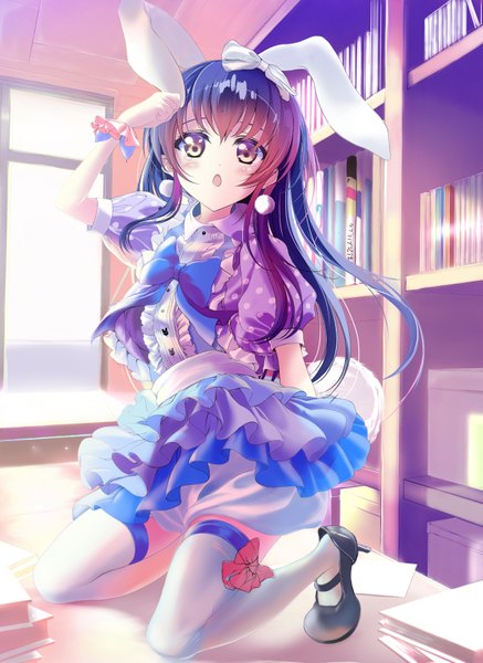Anime picture 2541x3482 with love live! school idol project sunrise (studio) love live! sonoda umi 41y (yooichiwai) single long hair tall image looking at viewer fringe highres open mouth purple eyes animal ears blue hair bent knee (knees) short sleeves puffy sleeves kneeling fake animal ears