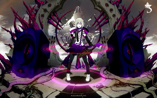 Anime picture 1920x1198 with vocaloid meltdown (vocaloid) yowane haku nagimiso highres short hair red eyes wide image ahoge white hair music girl guitar speakers