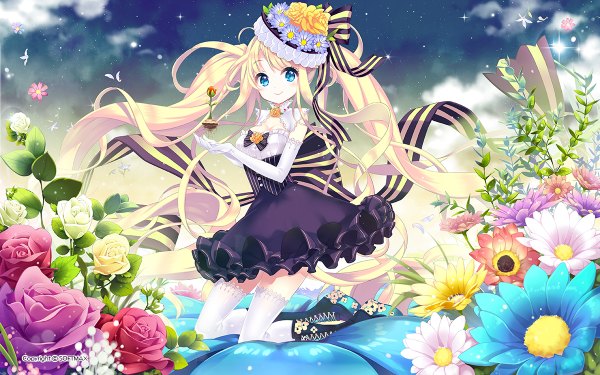 Anime picture 1200x750 with original e-nya single looking at viewer blush blue eyes blonde hair smile twintails very long hair girl thighhighs dress gloves flower (flowers) ribbon (ribbons) bow hair ribbon white thighhighs elbow gloves