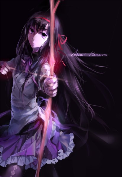 Anime picture 1057x1536 with mahou shoujo madoka magica shaft (studio) akemi homura h2so4kancel single long hair tall image black hair simple background purple eyes inscription black background girl ribbon (ribbons) hair ribbon pantyhose bow (weapon) arrow (arrows)