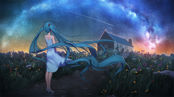 Anime picture 1000x559 with vocaloid hatsune miku maredoro single wide image standing twintails bare shoulders very long hair wind from behind aqua hair night night sky back evening sunset shooting star field milky way