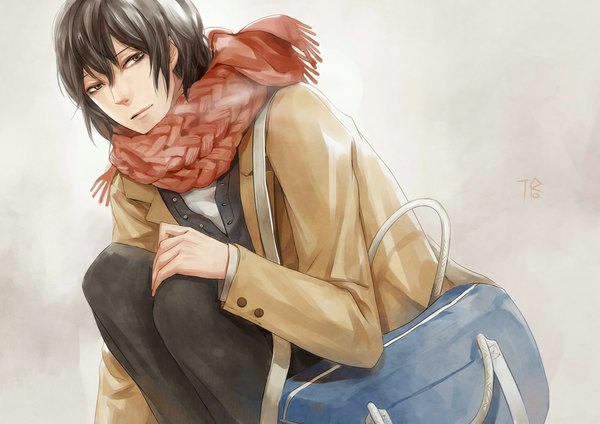 Anime picture 1000x707 with gtako single short hair black hair simple background brown eyes boy uniform school uniform scarf school bag coat winter clothes