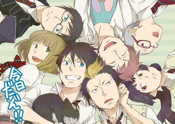 Anime picture 1000x707 with ao no exorcist a-1 pictures okumura rin okumura yukio moriyama shiemi shima renzou kamiki izumo suguro ryuuji miwa konekomaru kuro (ao no exorcist) tagme (artist) long hair short hair open mouth blue eyes black hair blonde hair smile red eyes brown hair