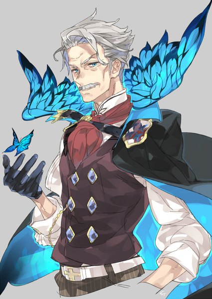 Anime picture 700x988 with fate (series) fate/grand order james moriarty (fate) toujou sakana single tall image looking at viewer short hair blue eyes white hair arm up old man boy gloves black gloves insect butterfly cape vest