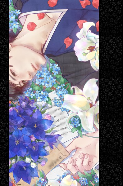 Anime picture 991x1500 with original hanaen single tall image short hair black hair lying traditional clothes japanese clothes black eyes on back tears crying boy flower (flowers) petals kimono paper lily (flower) letter