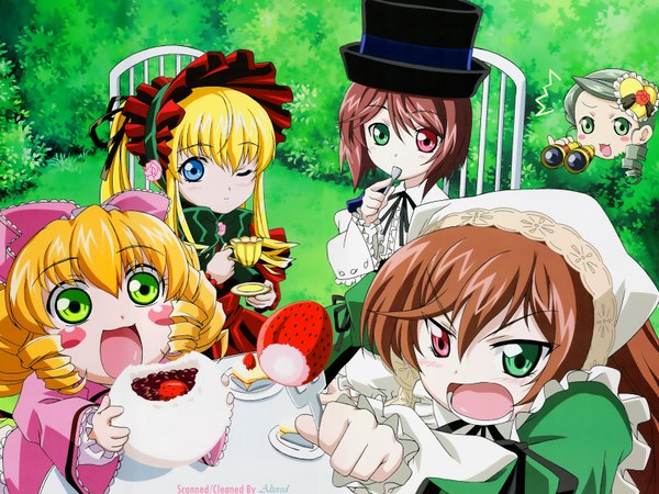 Anime picture 1600x1200 with rozen maiden shinku suiseiseki souseiseki hina ichigo kanaria blush blue eyes green eyes white hair one eye closed grey hair wink heterochromia group green background peep dress bow hair bow